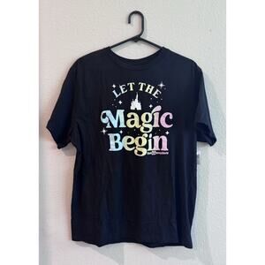 Disney Parks Castle Tee Adult Large Black "Let The Magic Begin" NWT